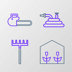 Set line Home greenhouse and plants, Garden rake, hose or fire hose and Chainsaw icon. Vector