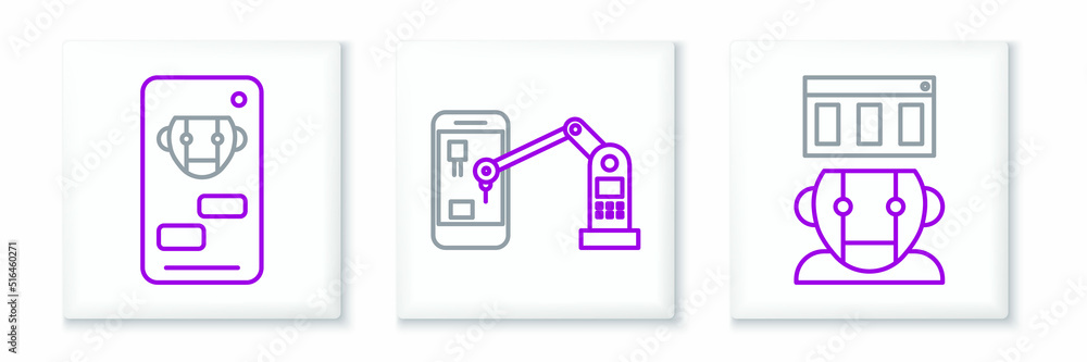 Aufkleber set line robot, bot and industrial machine robotic robot arm hand icon. vector
