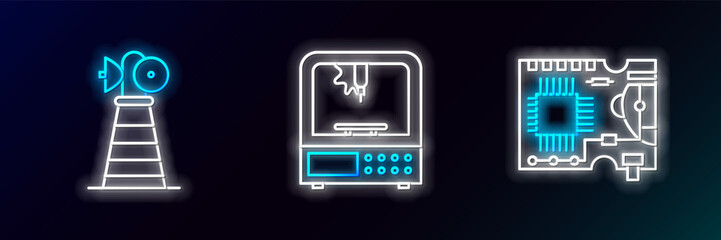 Set line Printed circuit board PCB, Antenna and 3D printer icon. Glowing neon. Vector
