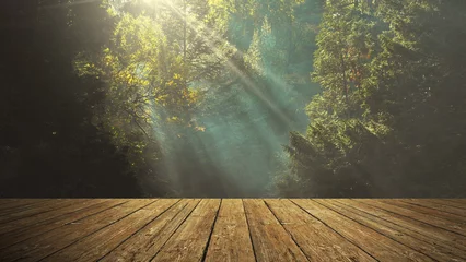 Fotobehang Houten plank lege tafel voor onscherpe achtergrond. Perspectief bruin hout over onscherpe bomen in het bos - kan als mock-up worden gebruikt voor het weergeven of monteren van uw producten © Kepler