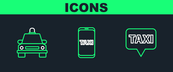 Set line Map pointer with taxi, Taxi car and call telephone service icon. Vector