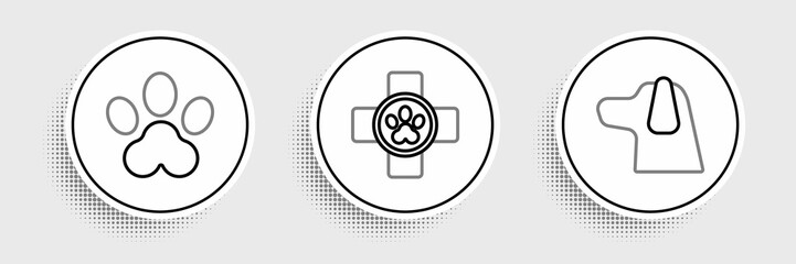 Set line Dog, Paw print and Veterinary clinic symbol icon. Vector