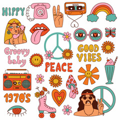 Set of Retro 70s groovy elements. Hippy collection. Vector illustration