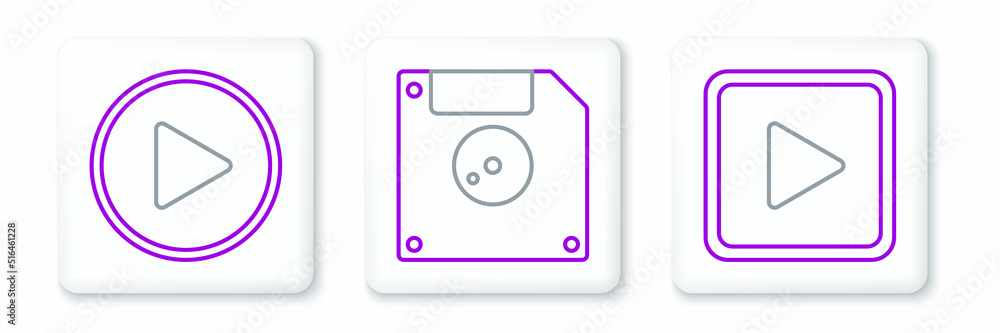Poster set line play in square, circle and floppy disk for computer data storage icon. vector