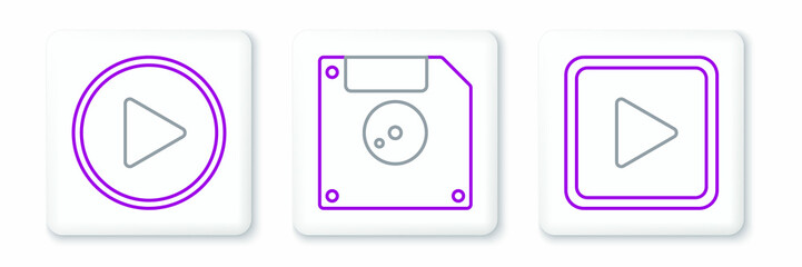 Set line Play in square, circle and Floppy disk for computer data storage icon. Vector