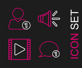 Set line Speech bubble chat, Play Video, Speaker volume and Add to friend icon. Vector