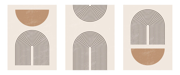 Set of Mid century modern minimalist art print with organic natural shape. Abstract contemporary aesthetic background with geometric Minimal black line on beige. Boho wall decor © anya