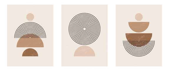 Set of Mid century modern minimalist art print with organic natural shape. Abstract contemporary aesthetic background with geometric Minimal black line on beige. Boho wall decor © anya