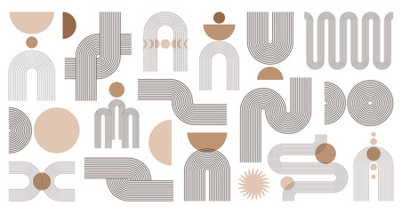 Abstract boho aesthetic geometric shape set. Contemporary mid century line design with sun and moon phases trendy bohemian style. Modern vector illustration © anya