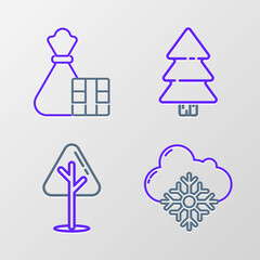 Set line Cloud with snow, Christmas tree, and Gift box and bag icon. Vector
