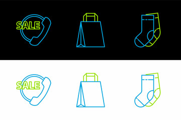 Set line Socks, Telephone 24 hours support and Paper shopping bag icon. Vector