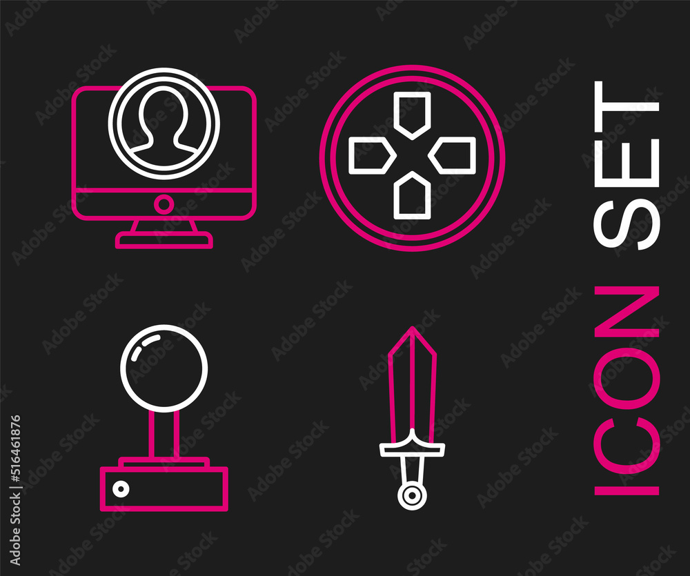 Poster set line sword for game, joystick arcade machine, gamepad and create account screen icon. vector