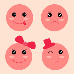 Pink face character emoticons in smile, crying, lady and gentleman facial expressions. Cute funny kawaii set.
