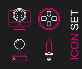 Set line Sword for game, Joystick arcade machine, Gamepad and Create account screen icon. Vector