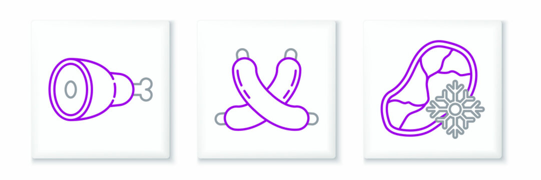 Set line Fresh frozen steak meat, Chicken leg and Crossed sausage icon. Vector