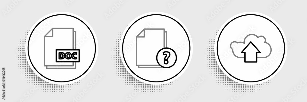 Poster set line cloud upload, doc file document and unknown icon. vector