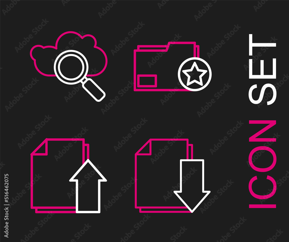 Poster set line document with download, upload file document, folder star and search cloud computing icon. 
