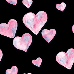 Obraz premium Pink with blue hearts watercolor painting - seamless pattern on black background