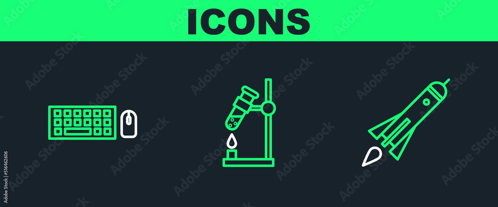 Aufkleber set line rocket ship with fire, keyboard and mouse and test tube flask on icon. vector