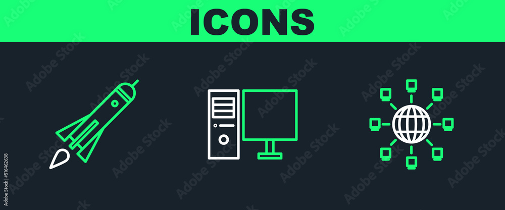 Poster set line social network, rocket ship with fire and computer monitor icon. vector