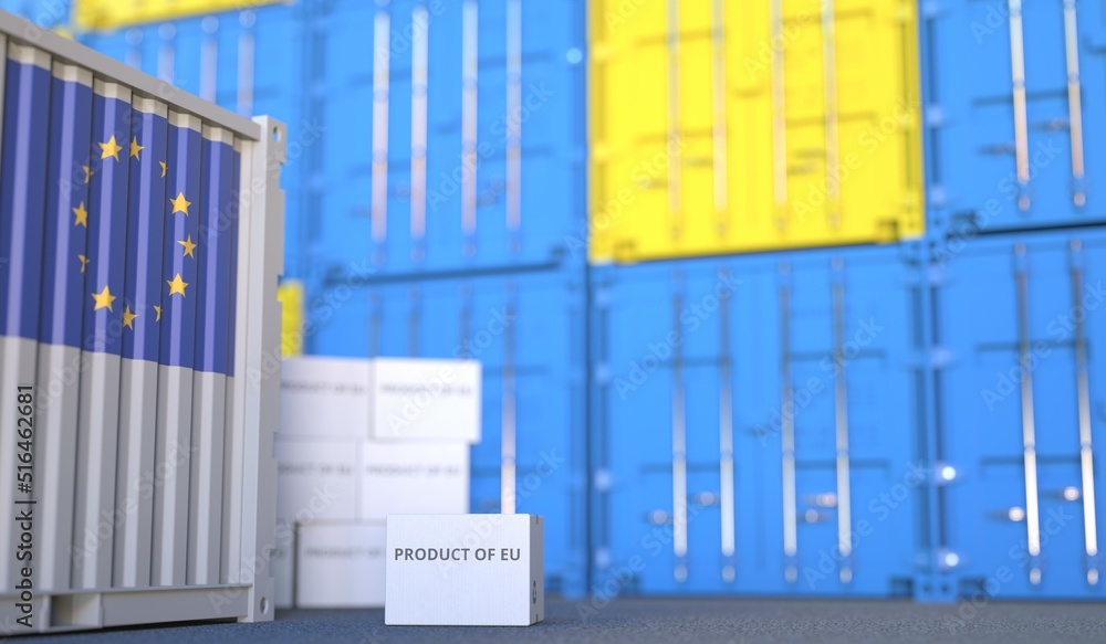 Poster box with product of eu text and cargo containers. 3d rendering
