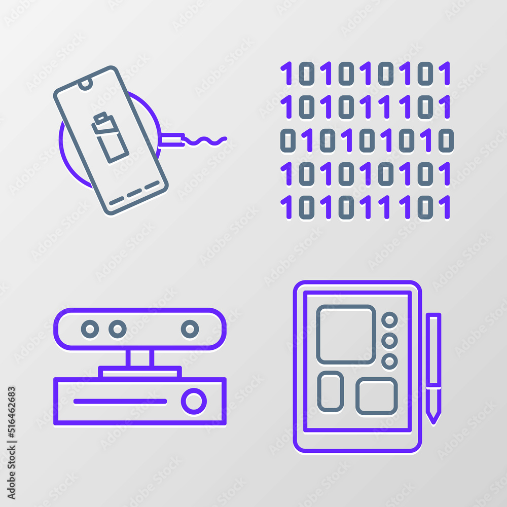 Poster set line graphic tablet, motion sensor, binary code and wireless charger icon. vector