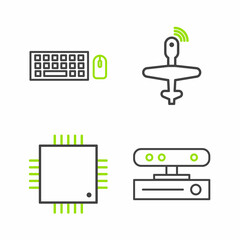 Set line Motion sensor, Processor with microcircuits CPU, UAV Drone and Keyboard and mouse icon. Vector