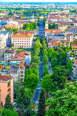 Aerial springtime panorama of Bergamo city, Lombardy province, Italy. Picturesque skyline view of...