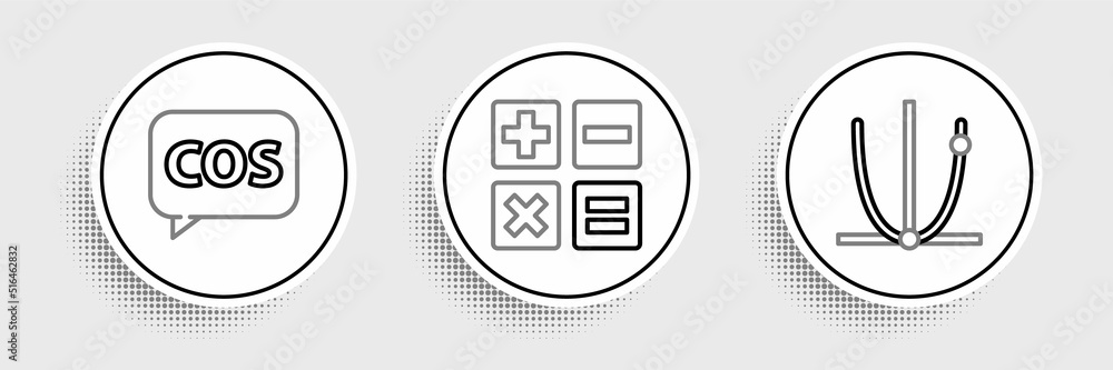 Poster set line graph, schedule, chart, diagram, mathematics function cosine and calculator icon. vector