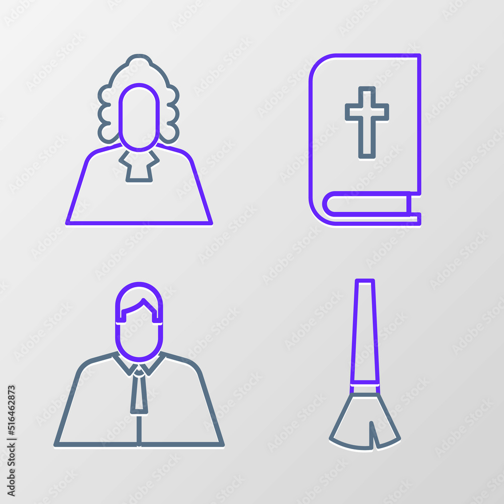 Sticker set line paint brush, lawyer, attorney, jurist, holy bible book and judge icon. vector