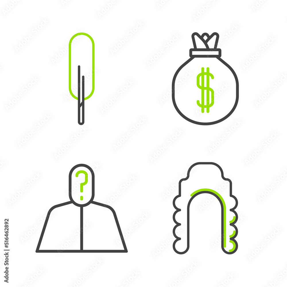 Poster set line judge wig, anonymous with question mark, money bag and feather pen icon. vector