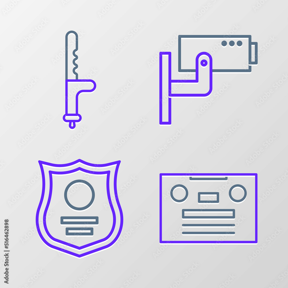 Poster set line retro audio cassette tape, police badge, security camera and rubber baton icon. vector