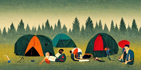 Camping diverse multi-ethnic friends in the outdoors of nature in the mountain forest enjoying being together in the summer while on vacation holidays. Summertime fun season scene - obrazy, fototapety, plakaty