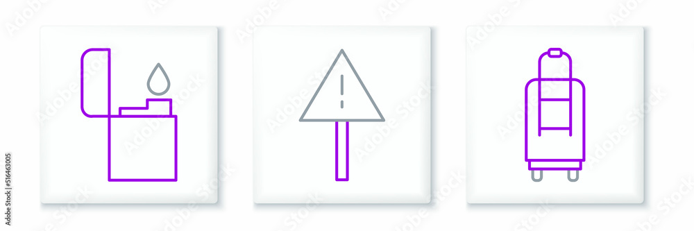 Poster set line suitcase, lighter and exclamation mark in triangle icon. vector