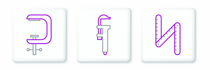 Set line Folding ruler, Clamp and screw tool and Calliper or caliper scale icon. Vector
