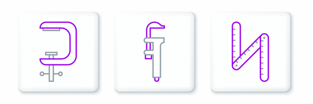 Set line Folding ruler, Clamp and screw tool and Calliper or caliper scale icon. Vector