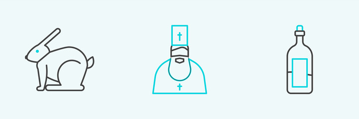 Set line Bottle of wine, Easter rabbit and Priest icon. Vector