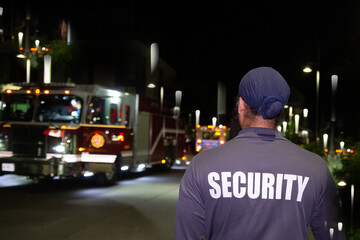 A security guard is walking towards an ambulance to assist them in a commercial area at night. 
