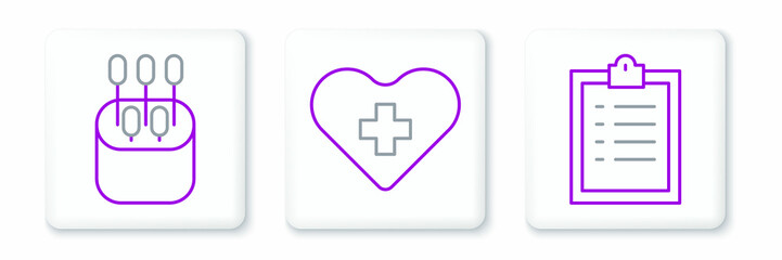 Set line Clipboard with checklist, Cotton swab for ears and Heart cross icon. Vector