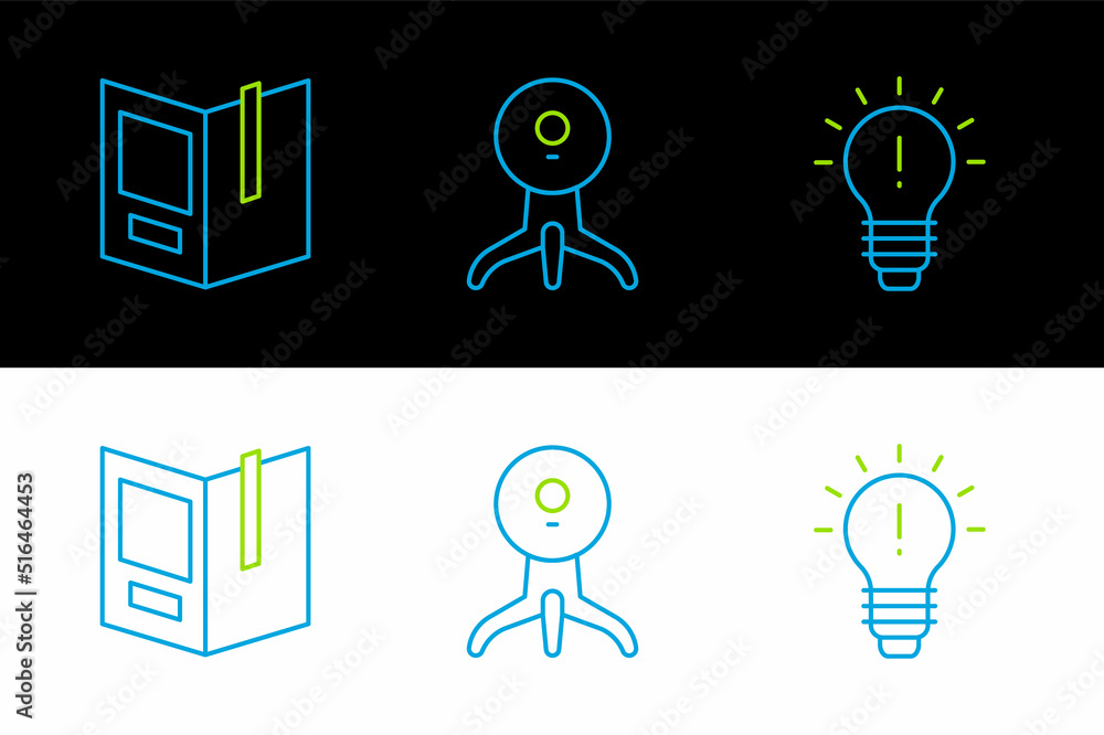 Poster set line light bulb with concept of idea, open book and web camera icon. vector