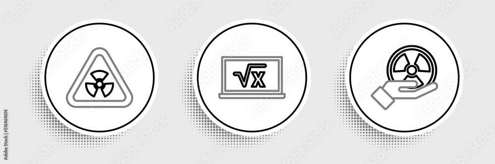 Aufkleber set line radioactive, triangle with radiation and square root of x glyph icon. vector