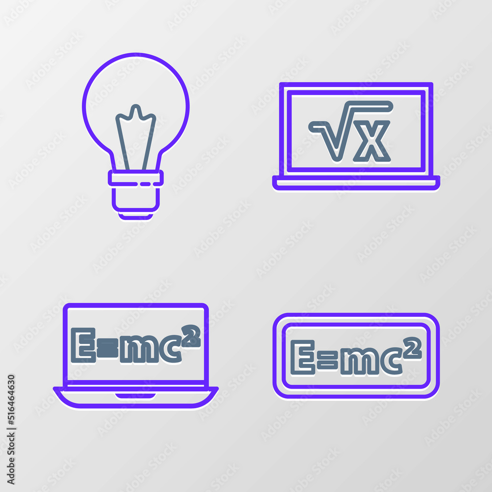 Aufkleber set line equation solution, square root of x glyph and light bulb with concept idea icon. vector