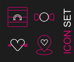 Set line Location with heart, Amour and arrow, Bow tie and Wedding rings icon. Vector