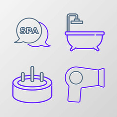 Set line Hair dryer, Swimming pool with ladder, Bathtub and Spa salon icon. Vector