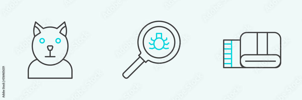 Poster set line towel stack, cat and flea search icon. vector