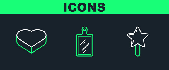Set line Lollipop, Candy in heart shaped box and Cutting board icon. Vector