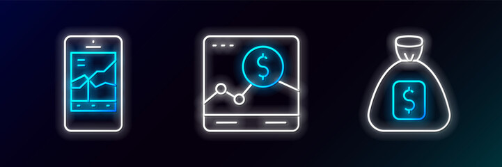 Set line Money bag, Mobile stock trading and Website with growth graph icon. Glowing neon. Vector