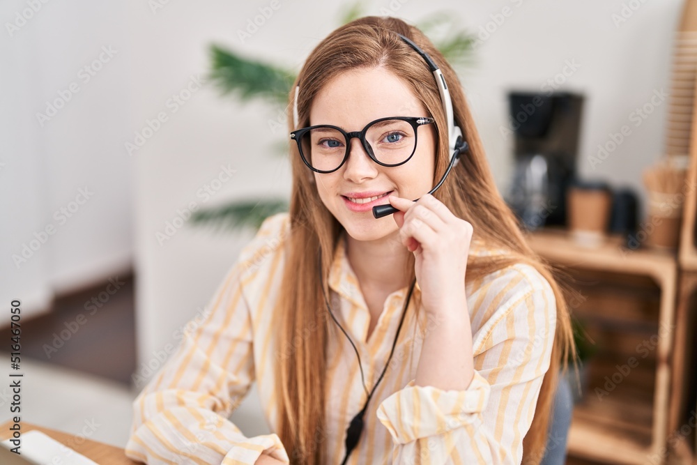 Sticker Young blonde woman call center agent working at office