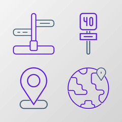 Set line Location on the globe, Road traffic sign and icon. Vector