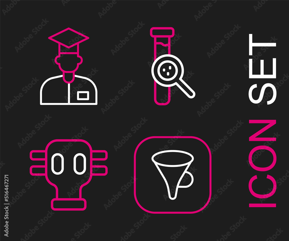 Poster set line funnel or filter, gas mask, test tube and flask and laboratory assistant icon. vector